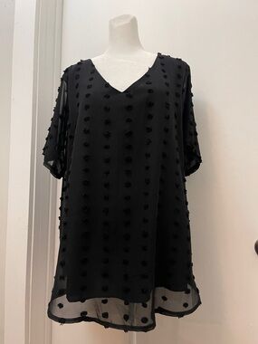 Zenana Outfitters Black Pom-Pom V-Neck Sheer Tunic Dress